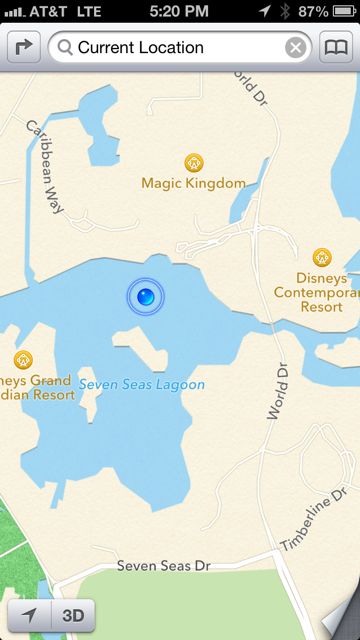 No glitch in the GPS. Was in a boat enjoying the Seven Seas Lagoon