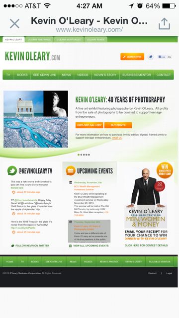 Kevin OLeary website home screen from iPhone