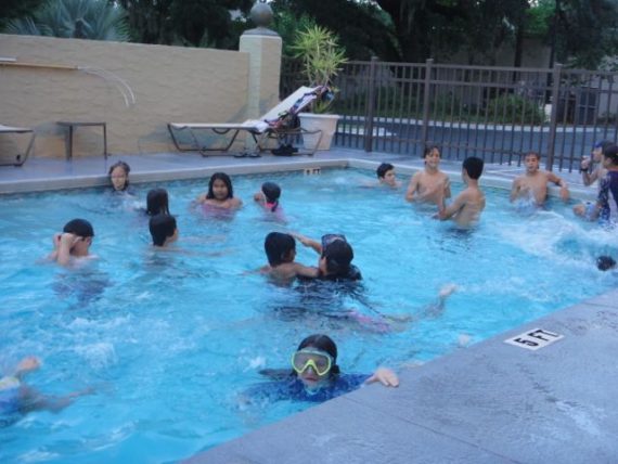 Elementary School class in hotel swimming pool