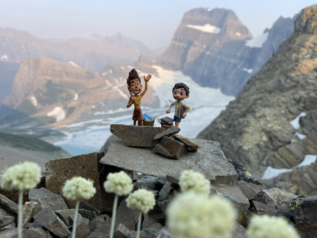 Disney Pixar Luca toys with a Mountain backdrop