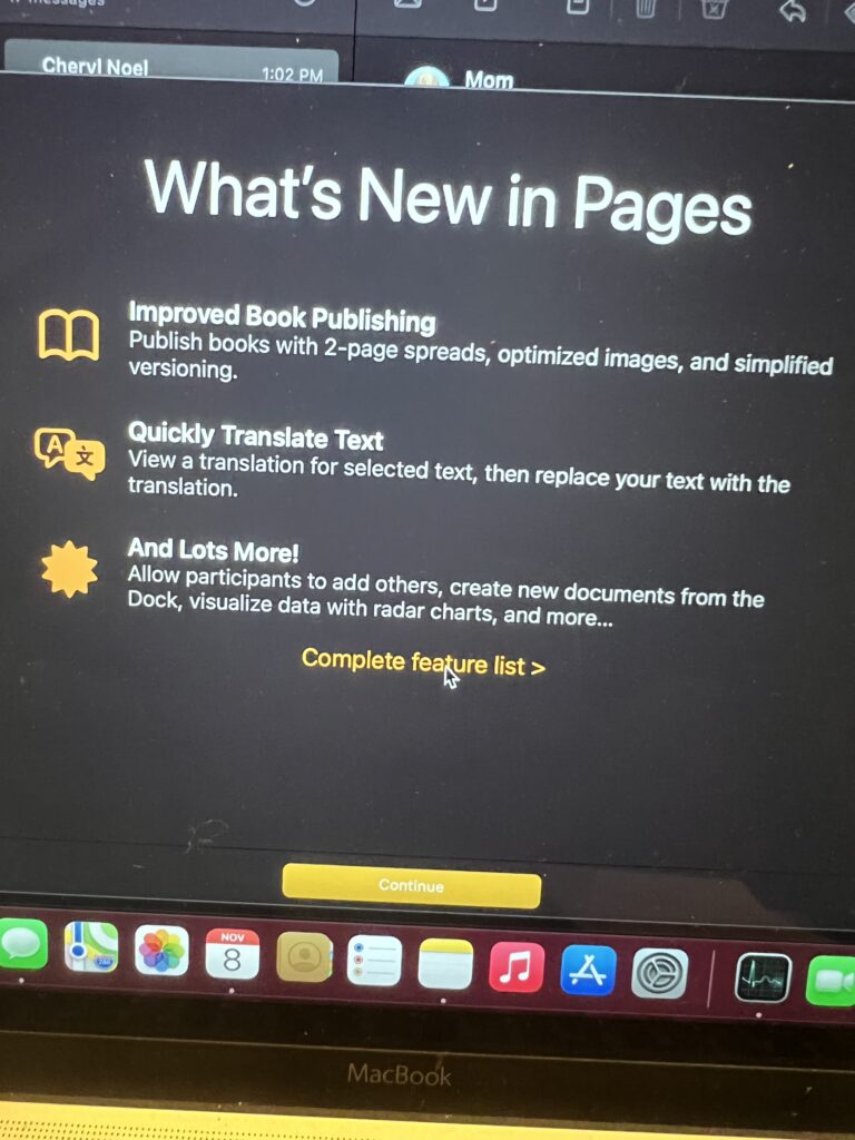 Apple Pages "What's New" bullet points