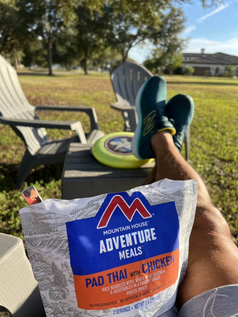Freeze dried meal on person's lap