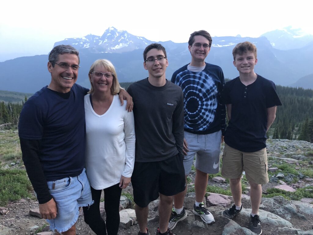 Family of five in the mountains