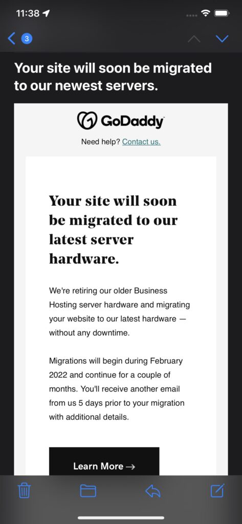 Go Daddy account migration email screenshot 