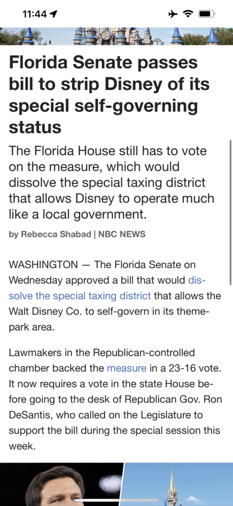 social media screen shot of Ron DeSantis striping Disney of self government