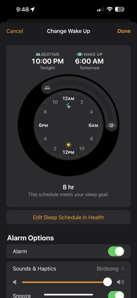 iPhone alarm setting screenshot